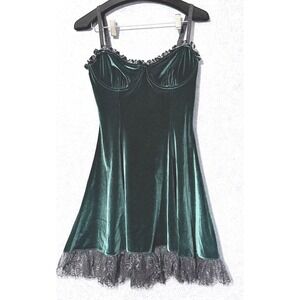 Widow Mini Dress S Green Velvet Lace Trim Bustier Gothic Dark Coquette Victorian